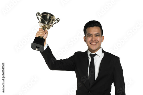 asian office man holding a trophy isolated in white