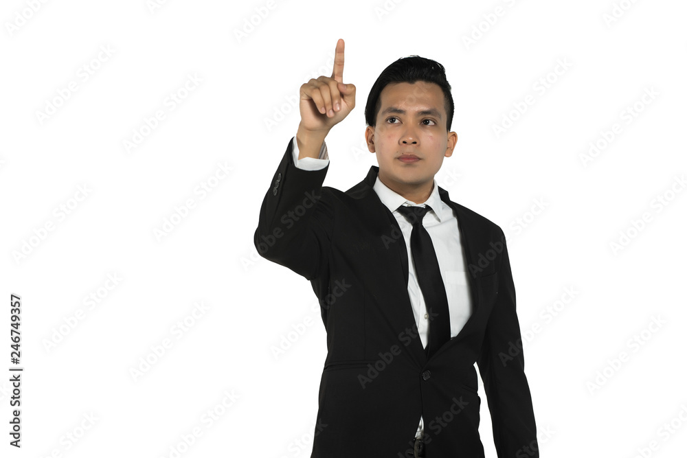 asian corporate man with virtual user interface isolated in white asian corporate man with virtual user interface isolated in white