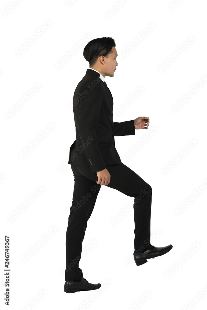 asian man with going up ladder pose isolated in white asian man with going up ladder pose isolated in white
