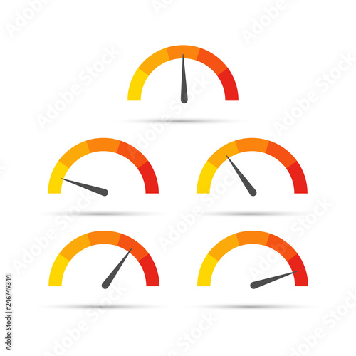 Round temperature gauge, isolated on white background. Colored measuring semicircle scale in flat style. Vector illustration.