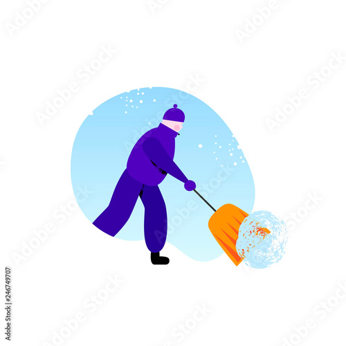 Janitor with shovel against snowy sky