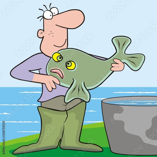 man and fish, humorous vector illustration