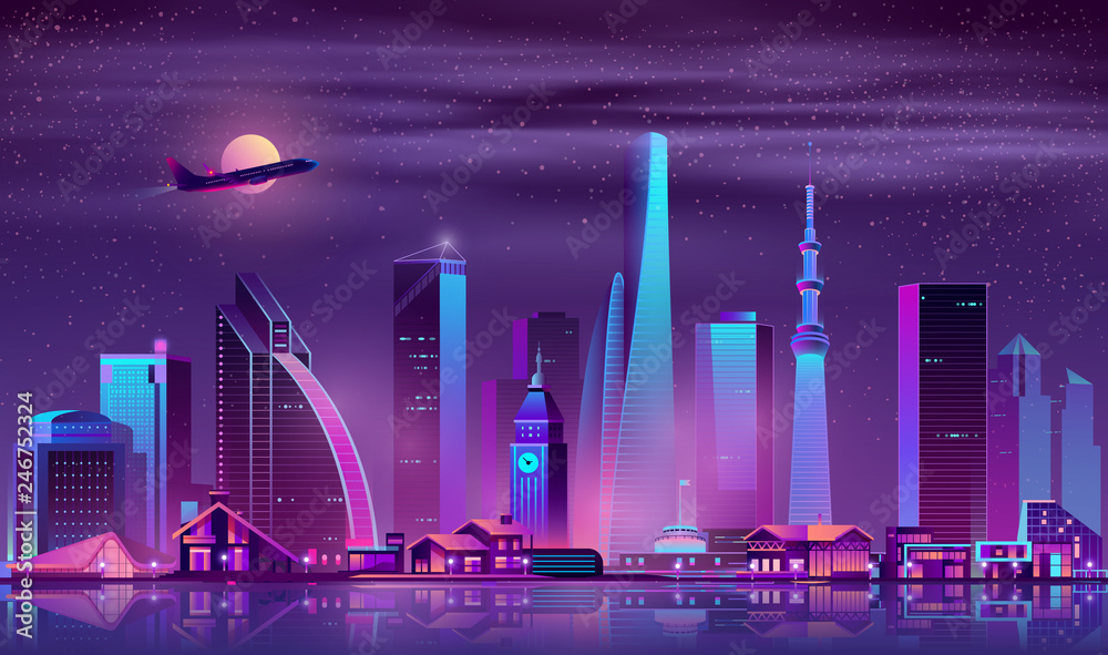 Fototapeta Metropolis night cityscape cartoon vector. Skyscrapers, old town buildings and one-storey cottages on river shore neon colors illustration. Diversity of modern city architecture, real estate property