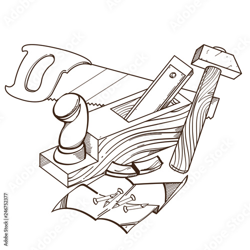 Vector monochrome set of hammer, plane, saw, nails. Illustration isolated on white background