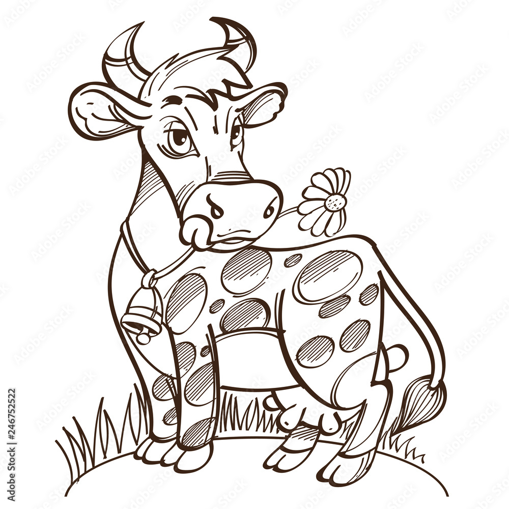 Vector monochrome cute cow on meadow. Illustration isolated on white background