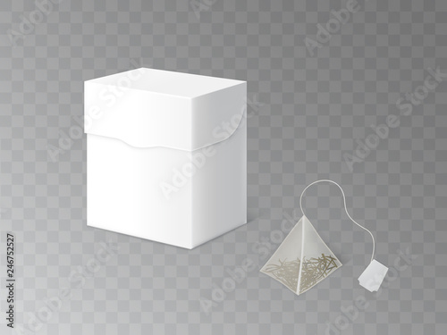 Green, black or herbal tea packaging template 3d realistic vector. Pyramid teabag or sachet with leave inside and label tag, blank white cardboard box illustration isolated on transparent background