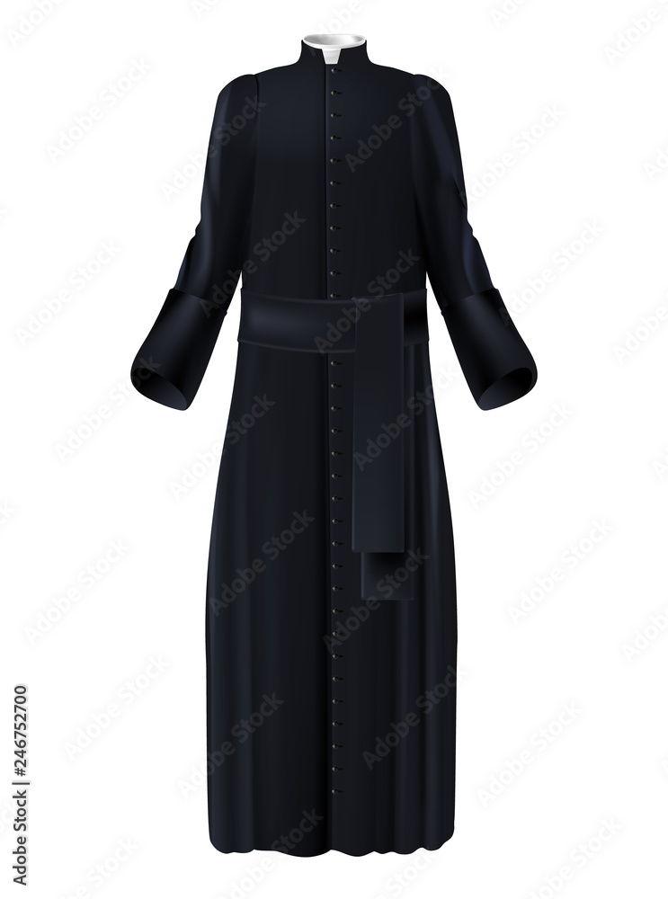 Christian priest cleric black cassock with white collar and belt