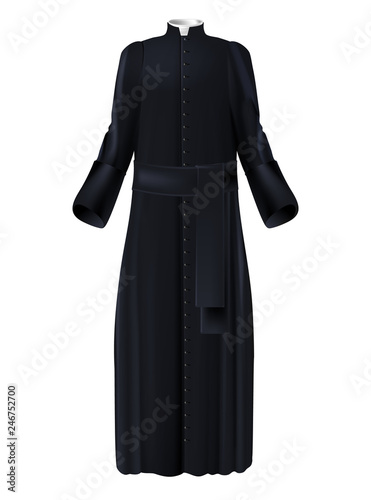 Christian priest cleric black cassock with white collar and belt realistic vector isolated on white background. Catholic, lutheran, anglican priesthood, missionary or seminarian vestment illustration photo