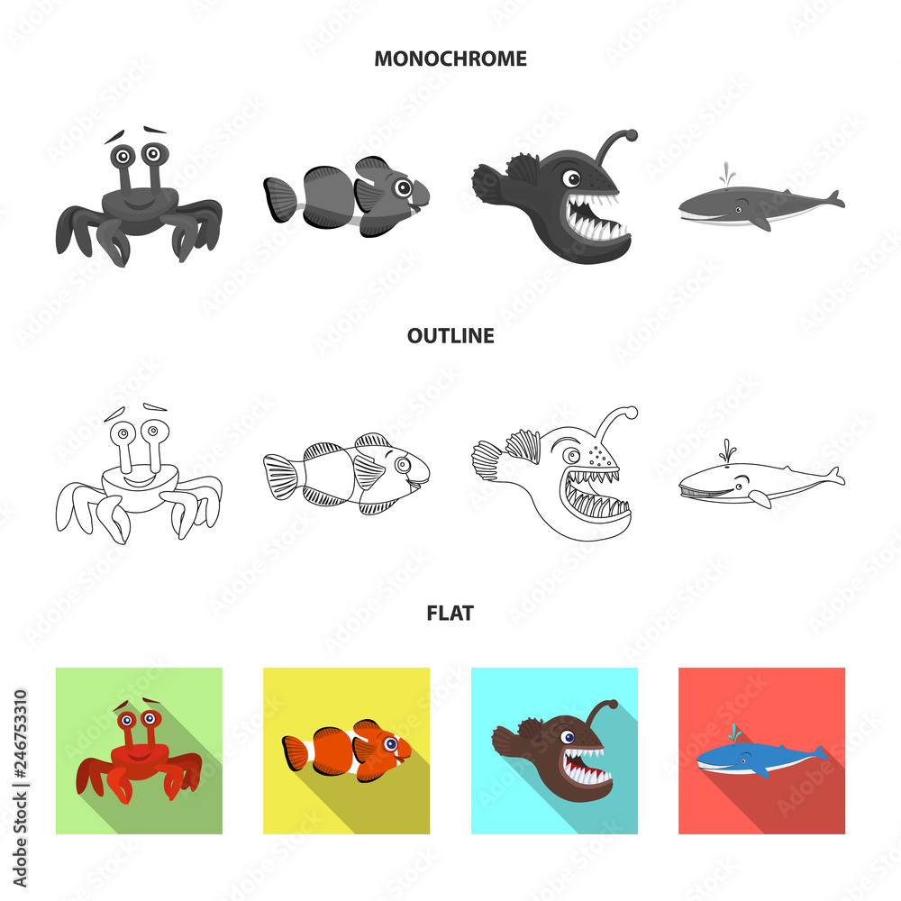 Isolated object of sea and animal symbol. Collection of sea and marine vector icon for stock.