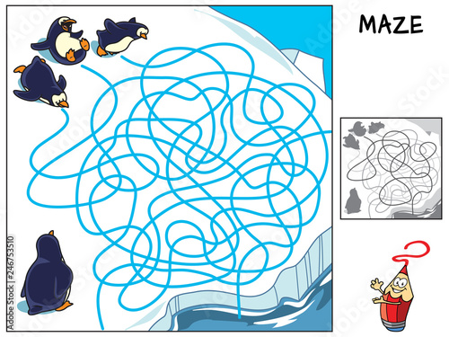 Funny penguins. Educational maze game for children. Cartoon vector illustration