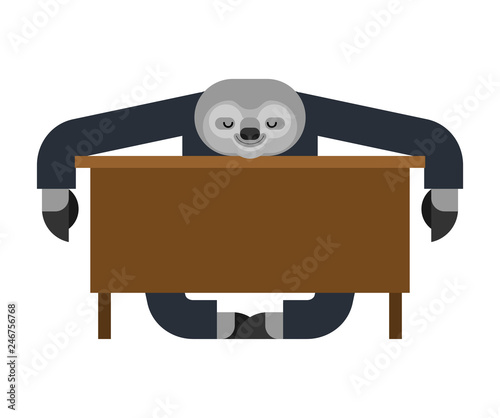 Sloth sleeping at work. lazybones at table. animal Cartoon businessman. Vector illustration
