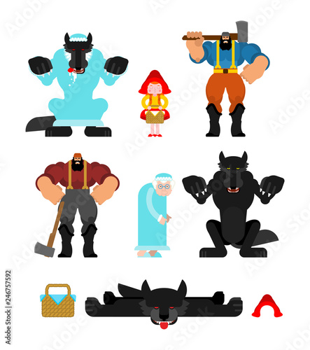 Little Red Riding Hood set. Grandmother and granddaughter. Wolf and lumberjack