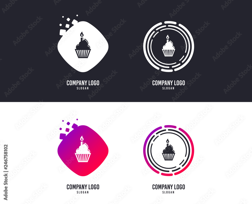 Logotype concept. Birthday cake sign icon. Cupcake with burning candle symbol. Logo design. Colorful buttons with icons. Vector