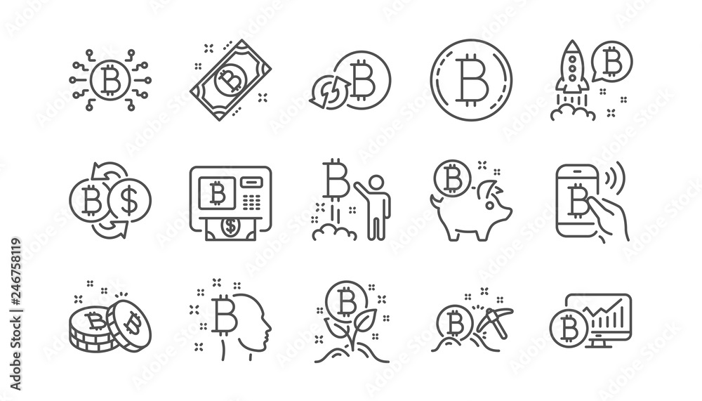 Bitcoin line icons. Blockchain, Crypto ICO and Cryptocurrency. Mining linear icon set. Vector Bitcoin line icons. Blockchain, Crypto ICO and Cryptocurrency. Mining linear icon set. Vector