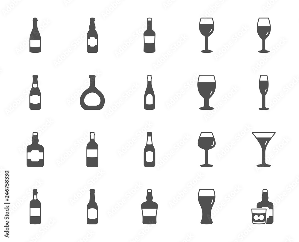 Fototapeta premium Wine bottle icons. Set of Craft beer, Whiskey and Wine glass icons. Champagne bottle, Alcohol drink and Scotch with ice. Wineglass, Beer glass and Restaurant goblet signs. Beverage drink. Vector