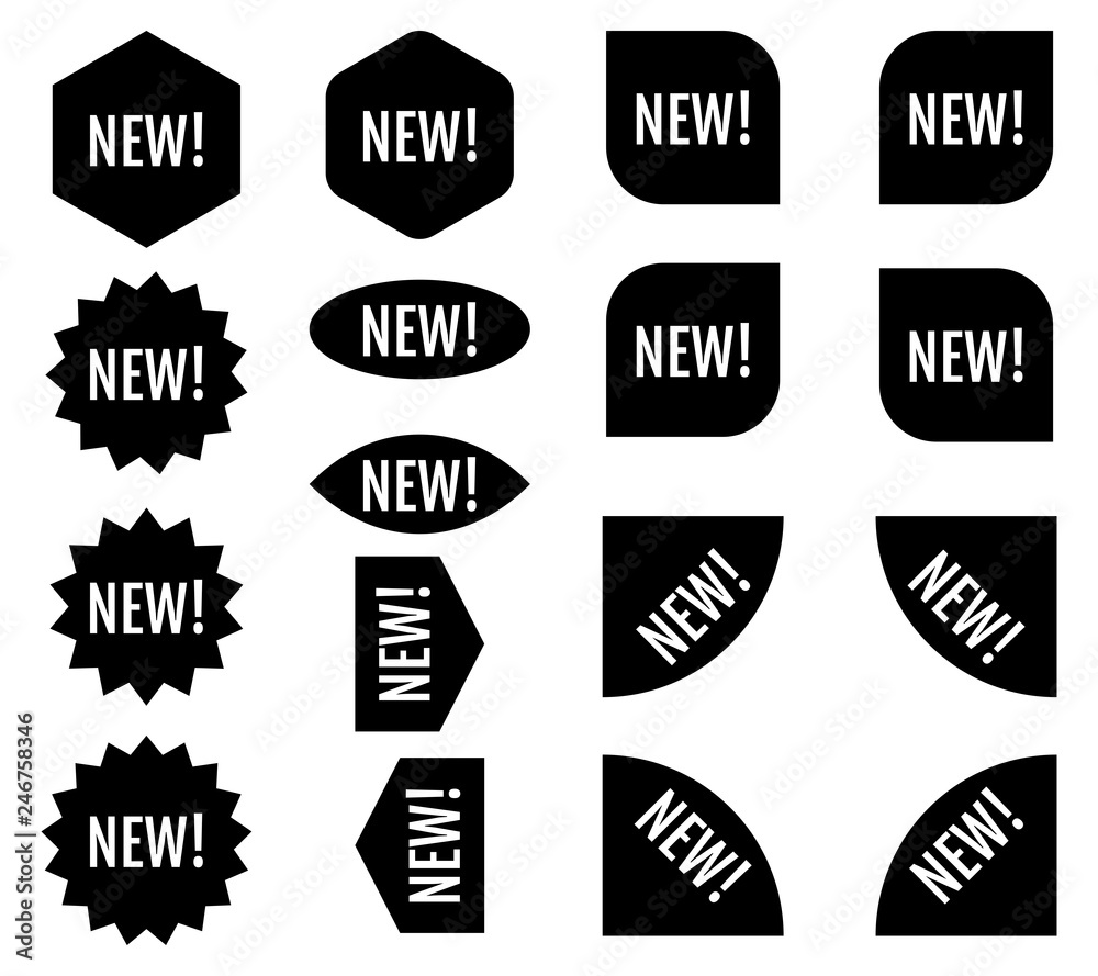 Obraz premium New sticker set. Black promotion labels. Modern vector flat style illustration isolated on white background. Black promotion labels for new arrivals shop section.