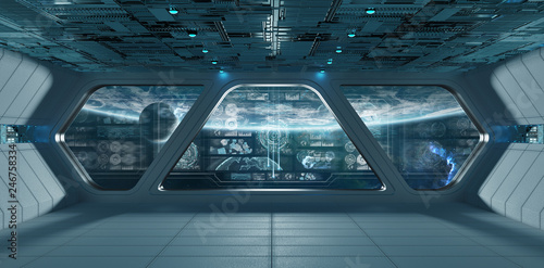 Fototapeta Naklejka Na Ścianę i Meble -  Blue spaceship interior with control panel screens 3D rendering