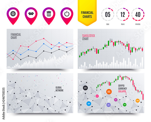 Financial planning charts. Anonymous mask and cogwheel gear icons. Recycle bin delete and power sign symbols. Cryptocurrency stock market graphs icons. Trendy design. Vector