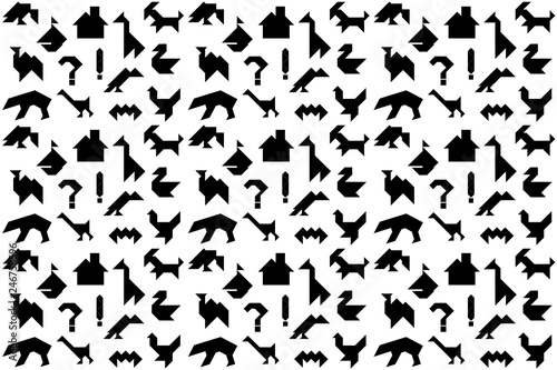 Background with different black silhouettes for tangram puzzle