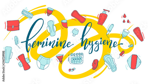 Conceptual vector illustration with lettering menstruation  and cartoon style elements isolated on background. Hand drawn vector illustration.