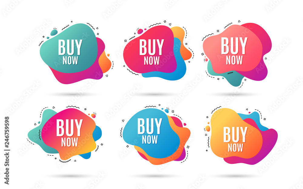Buy Now. Special offer price sign. Advertising Discounts symbol. Abstract dynamic shapes with icons. Gradient banners. Liquid  abstract shapes. Vector