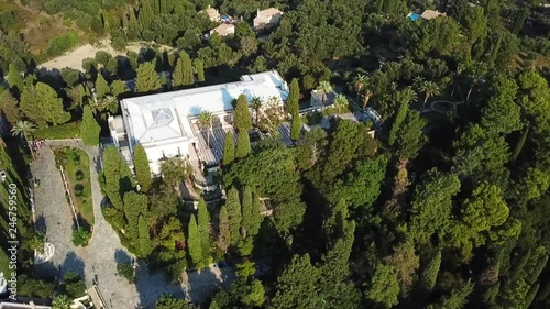 Aerial drone video of iconic Palace of Achileion former residence Empress Elisabeth of Austria (known as 'Sissi') and Kaiser William II of Germany, Corfu, Greece photo