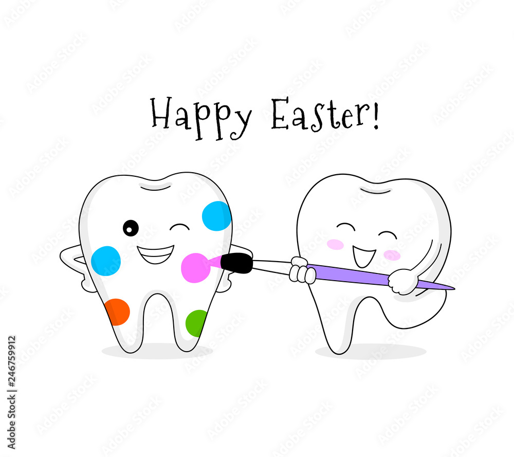 Fototapeta premium Cute cartoon tooth painted by paintbrush. Happy Easter Day concept. Illustration isolated on white background.
