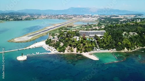 Aerial drone bird's eye view video of famous area of Kanoni near iconic Pontikonissi and airport of Corfu island, Ionian ,Greece photo
