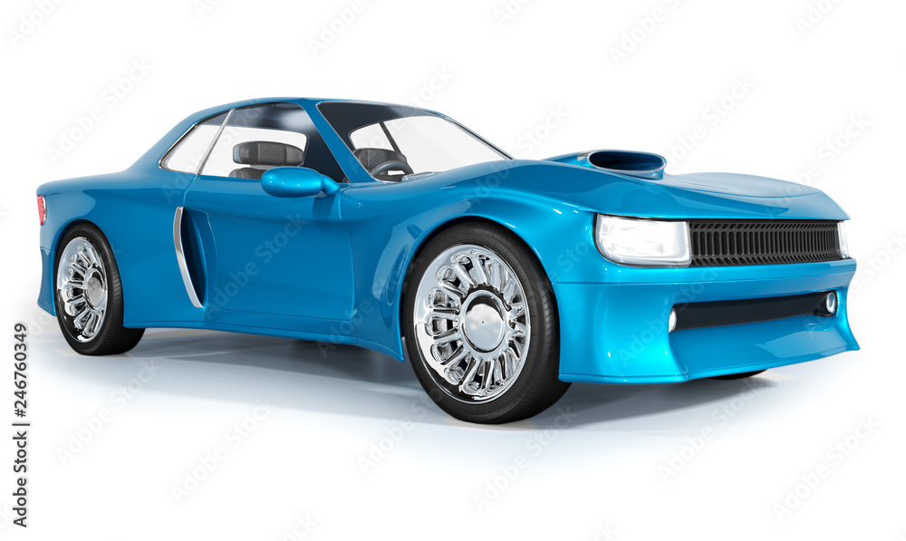 Racing car. A sports automobile with a blue body. 3d illustration