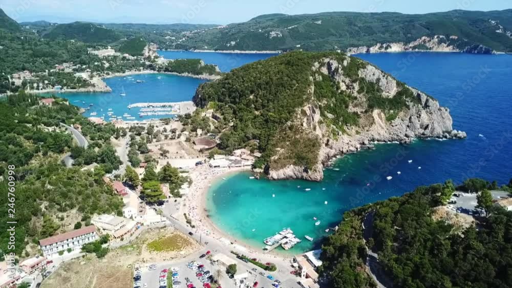 Aerial drone video of iconic Monastery of Palaiokastritsa near popular turquoise beach of Agios Spyridonas, Corfu island, Ionian, Greece Aerial drone video of iconic Monastery of Palaiokastritsa near popular turquoise beach of Agios Spyridonas, Corfu island, Ionian, Greece