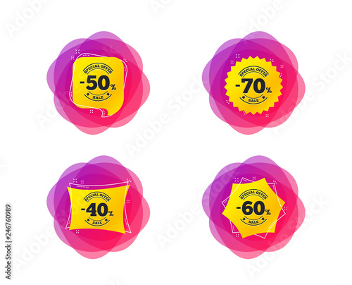 Sale discount icons. Special offer stamp price signs. 40, 50, 60 and 70 percent off reduction symbols. Geometric gradient sales shapes. Creative banners. Template for design. Vector