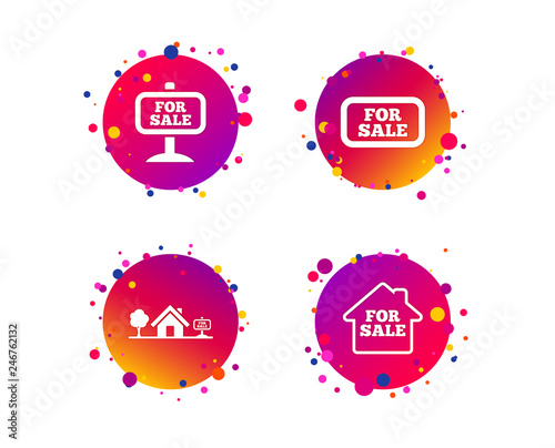 For sale icons. Real estate selling signs. Home house symbol. Gradient circle buttons with icons. Random dots design. Vector