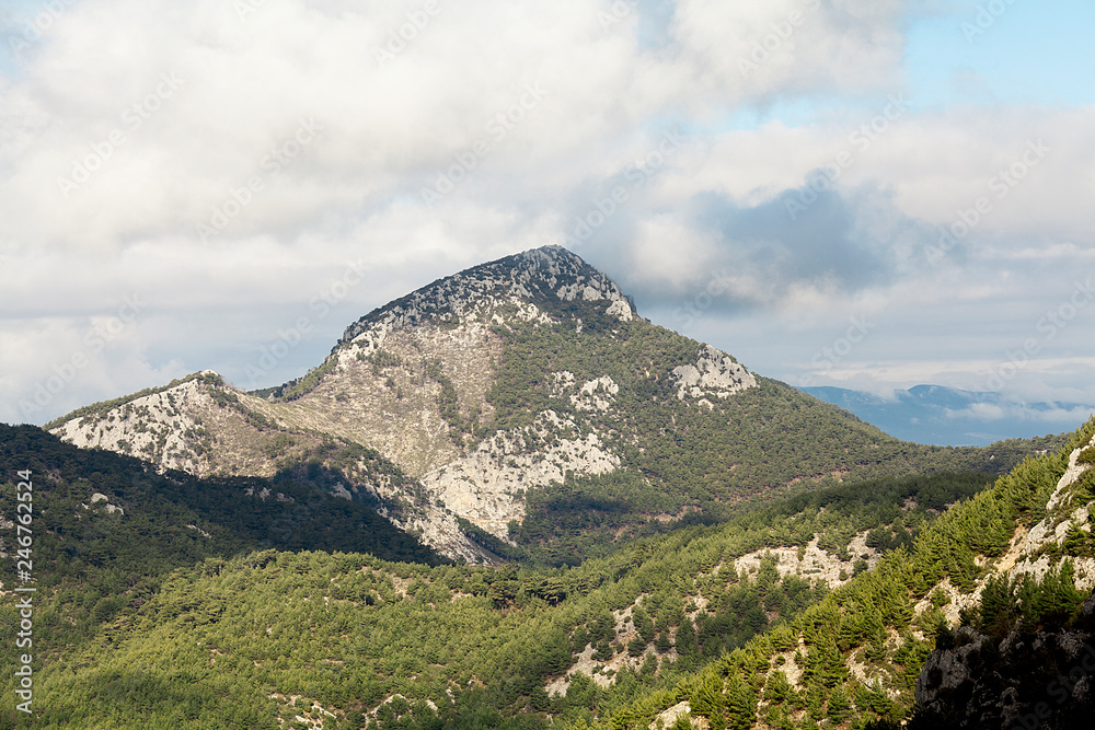 Mountain and mossy cliffs. Autumn or winter concept nature walks