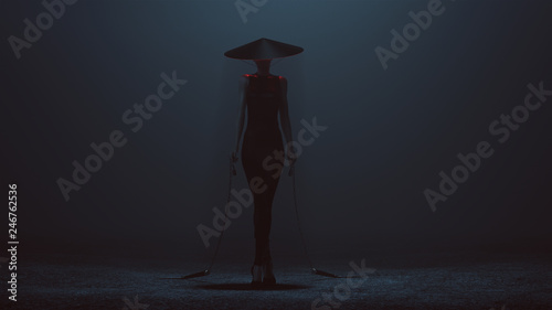 Futuristic Demon Assassin in a Tight Dress and Conical Hat with a Weighted Chain Sickle 3d illustration 3d render  photo