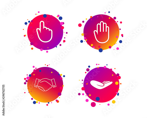 Fototapeta Naklejka Na Ścianę i Meble -  Hand icons. Handshake successful business symbol. Click here press sign. Human helping donation hand. Gradient circle buttons with icons. Random dots design. Vector