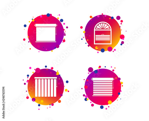 Louvers icons. Plisse, rolls, vertical and horizontal. Window blinds or jalousie symbols. Gradient circle buttons with icons. Random dots design. Vector