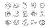 Check mark, Sharing economy and Mindfulness stress line icons. Privacy Policy, Social Responsibility. Linear icon set.  Vector