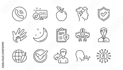 Check mark, Sharing economy and Mindfulness stress line icons. Privacy Policy, Social Responsibility. Linear icon set.  Vector