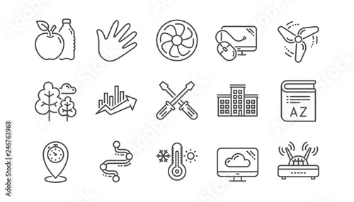 Timeline path, Fan engine and Profits chart line icons. Jet turbine, Wind energy and Cloud services. Linear icon set. Vector