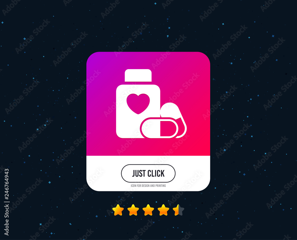 Medical heart pills bottle sign icon. Pharmacy medicine drugs symbol. Web or internet icon design. Rating stars. Just click button. Vector Medical heart pills bottle sign icon. Pharmacy medicine drugs symbol. Web or internet icon design. Rating stars. Just click button. Vector