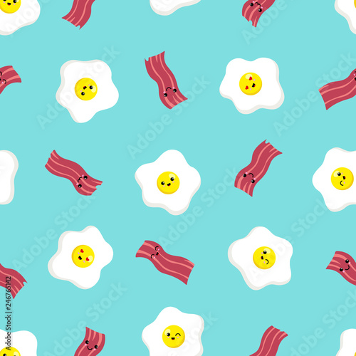 Kawaii eggs and bacon seamless pattern. vector background