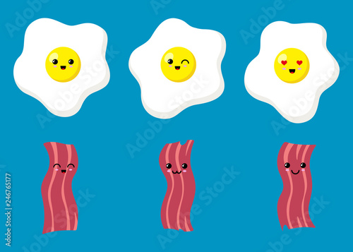 Kawaii eggs and bacon illustration set. vector background