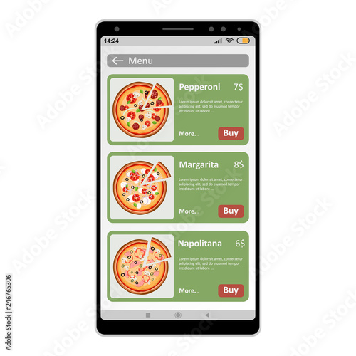 Ordering pizza online using a phone on a white background.