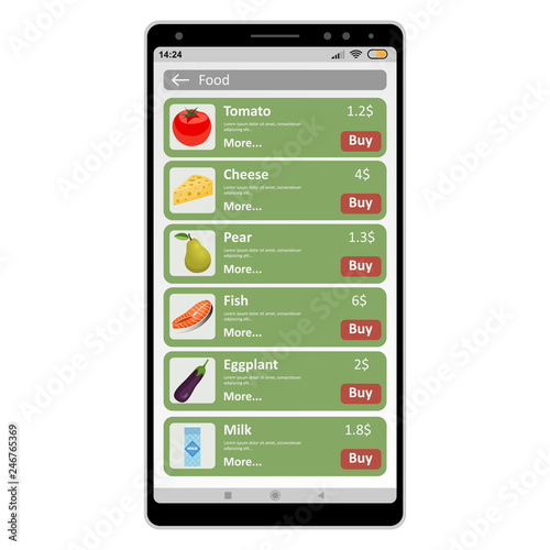 Buying food online using a phone on a white background.