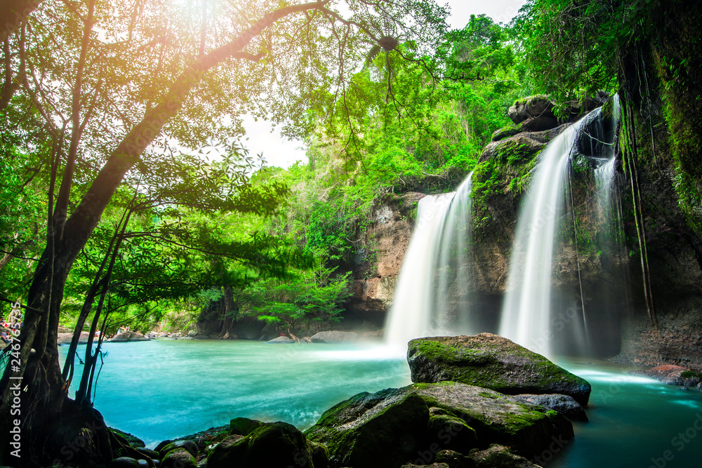 Obraz premium Beauty in nature, amazing waterfall at tropical forest of national park, Thailand. Haew Suwat waterfall. 