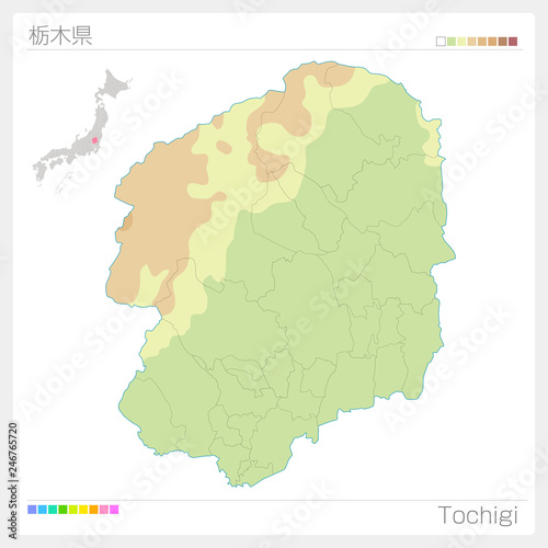 栃木県の地図（等高線・色分け）