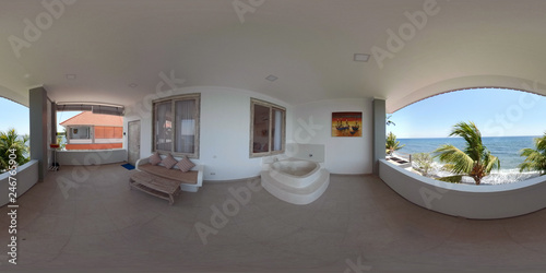 vr 360 view from the balcony of luxury hotel on sea. tropical resort with hotel balcony with jacuzzi. Travel concept. photo
