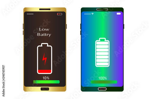 cell phone show low battery 10% and one smart mobile is full vector template