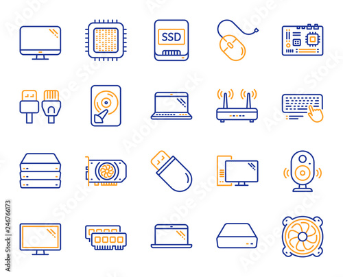 Computer components, Laptop, SSD line icons. Motherboard, CPU, Internet cables icons. Wifi router, computer monitor, Graphic card. Keyboard, SSD device. Internet cables, laptop components. Vector