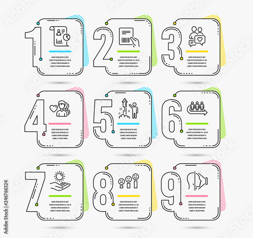 Infographic template with numbers 9 options. Set of Report, Customer satisfaction and Fireworks icons. Sun protection, Queue and Parcel invoice signs. Man love, Dating chat and Face id symbols